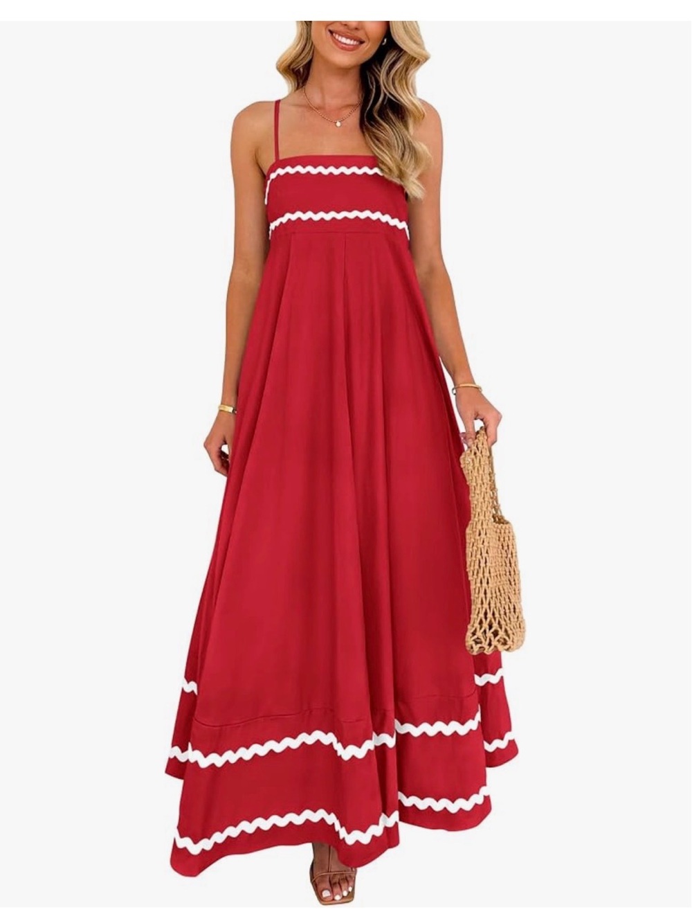 Red Maxi Dress with White Trim - Sleeveless Spaghetti Strap